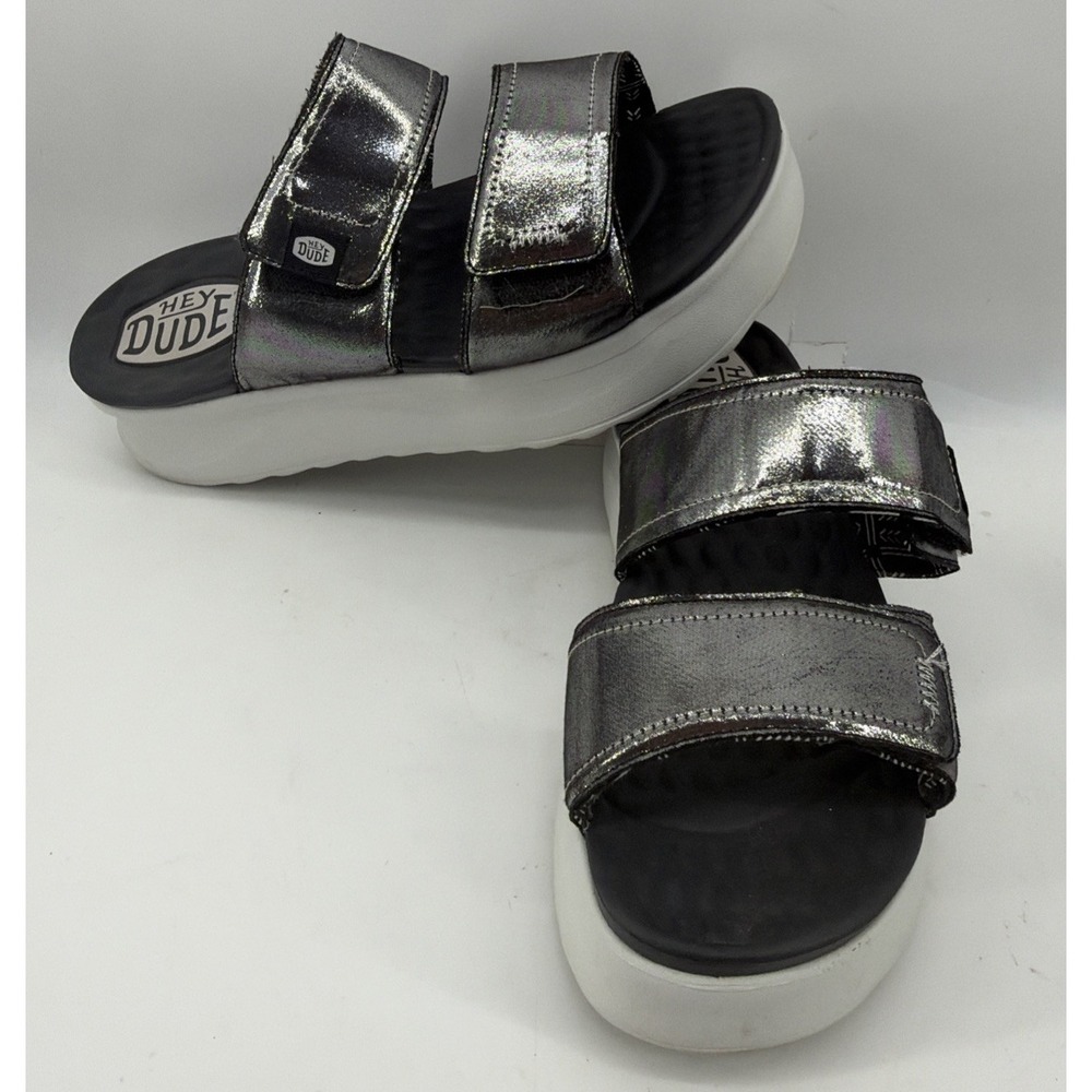 Hey Dude Delray Slide Classic Women's Slip In Sandals Double Strap Silver 10